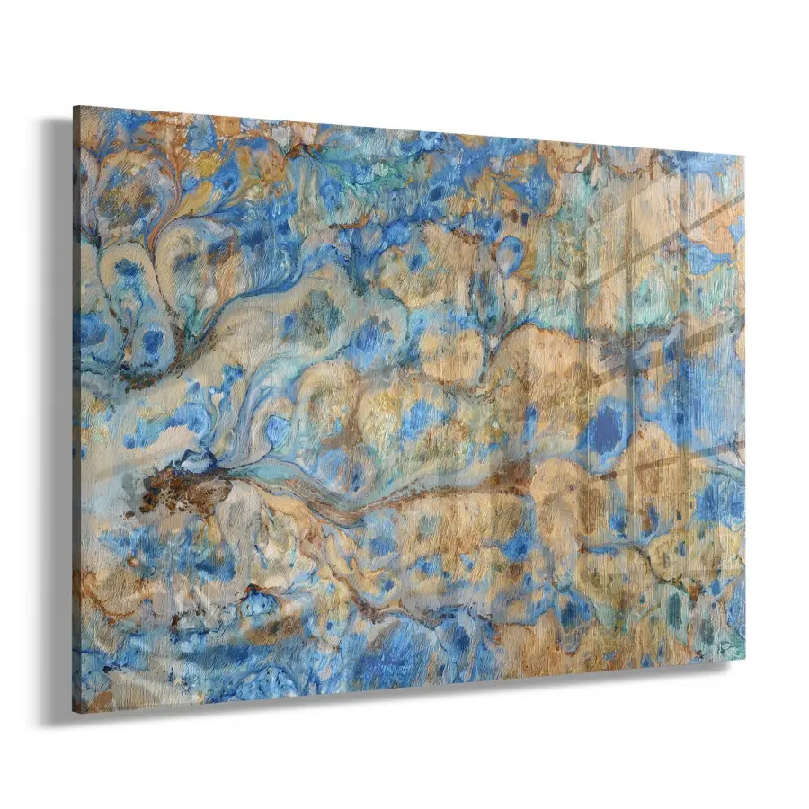 Mavi Sarı Soyut Desenli Tekli Yatay Cam Tablo