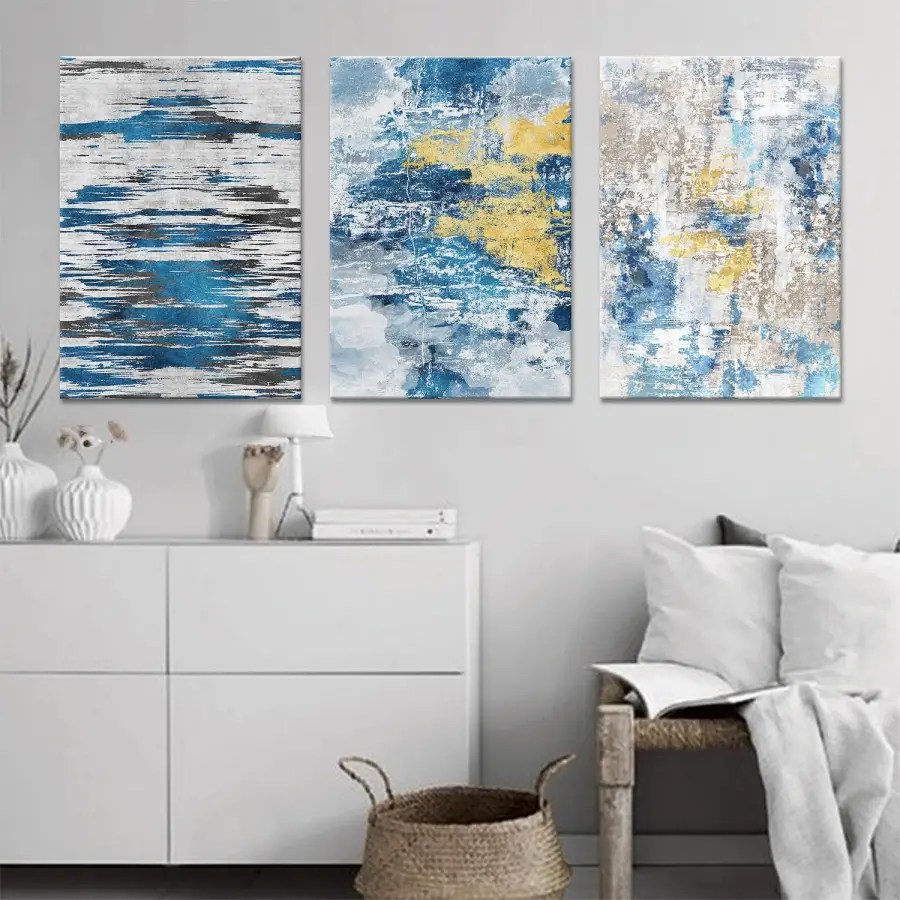 Mavi Soyut Tasarım Üçlü Kanvas Tablo Seti