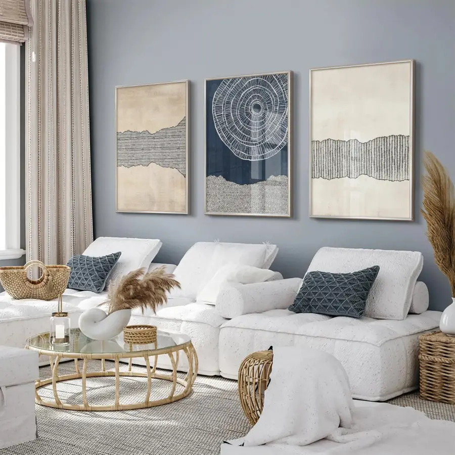 Mavi ve Krem Temalı Gümüş Metal Çerçeveli Cam Tablo Seti