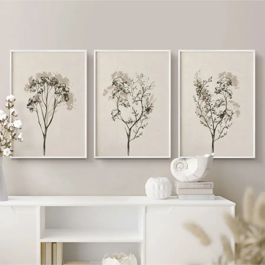 Minimalist Çiçek Eskizli Krem Tonlu Beyaz Metal Çerçeveli Cam Tablo