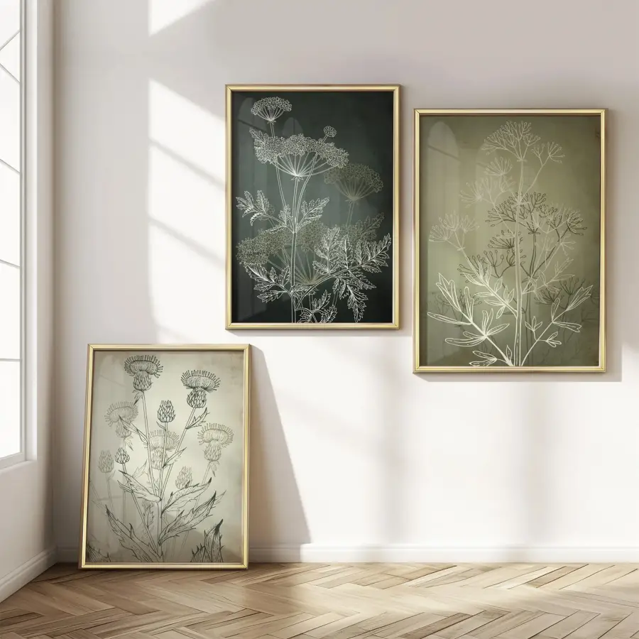 Modern Soyut Çiçek Motifli Gold Metal Çerçeveli Cam Tablo