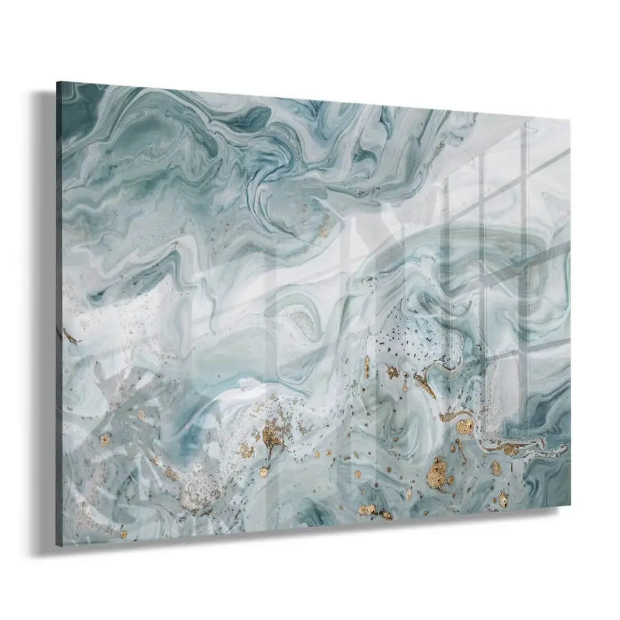 Petrol Yeşili Mermer Desenli Tekli Yatay Cam Tablo