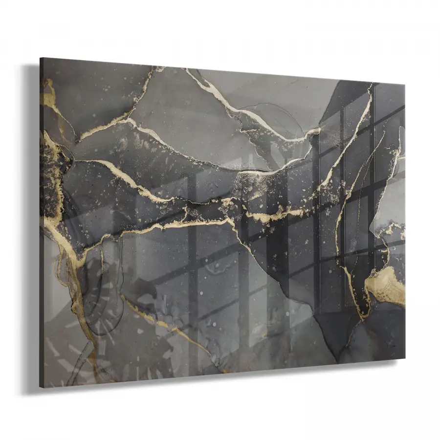 Siyah Gold Soyut Desenli Tekli Yatay Cam Tablo