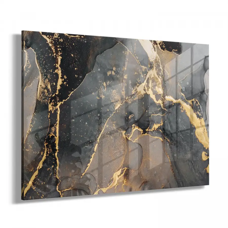 Siyah ve Gold Desenli Tekli Yatay Cam Tablo