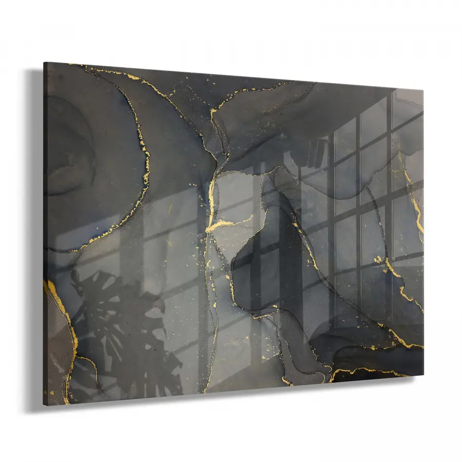 Siyah ve Gold Mermer Desenli Tekli Yatay Cam Tablo