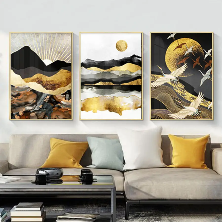 Siyah Ve Sarı Detaylı Metal Çerçeveli Tablo Seti Altın
