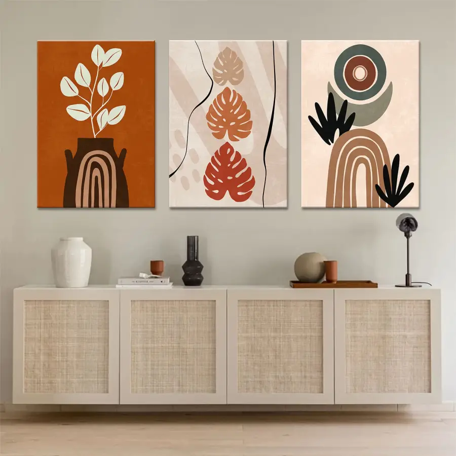 Soyut Geometrik Desenli Üçlü Kanvas Tablo Seti