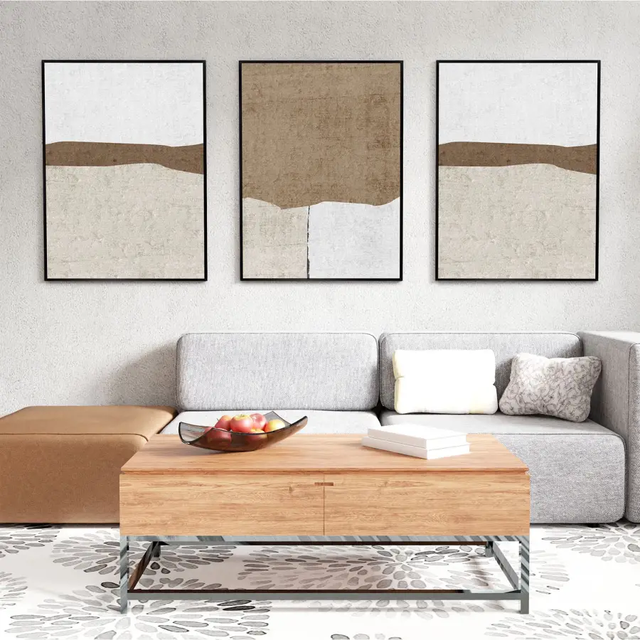 Soyut Tasarım Desenli Üçlü Metal Çerçeveli Tablo Seti