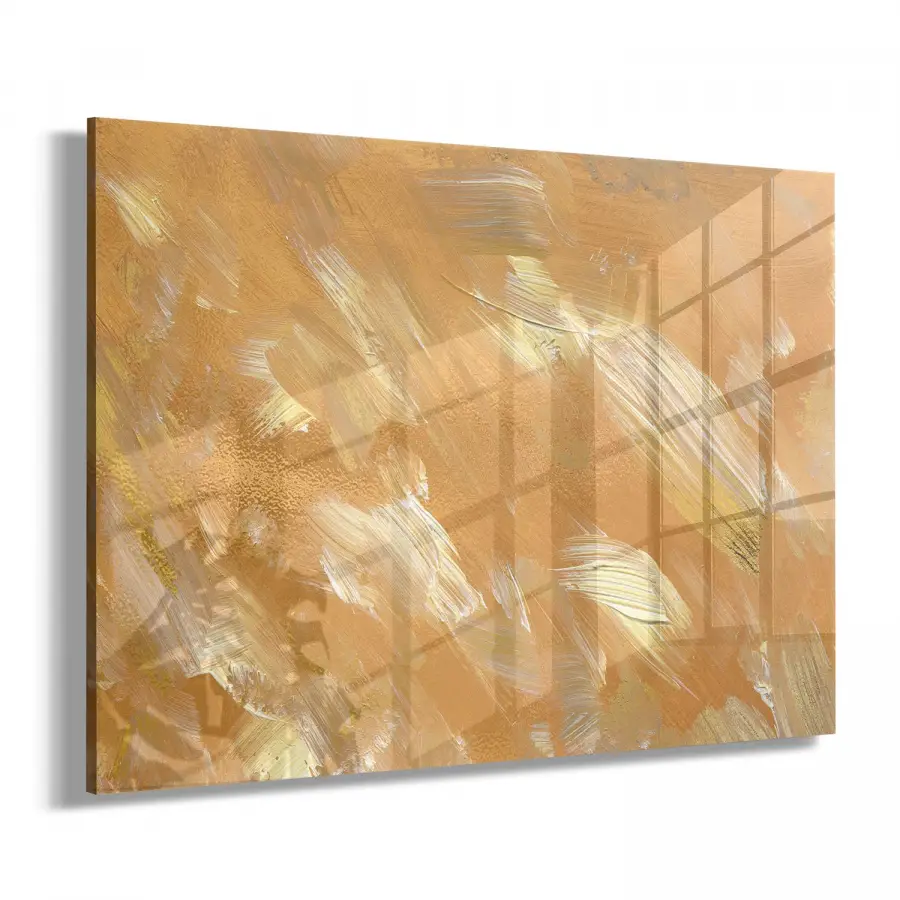 Turuncu Üzerinde Sarı Fırça Detayları Tekli Yatay Cam Tablo