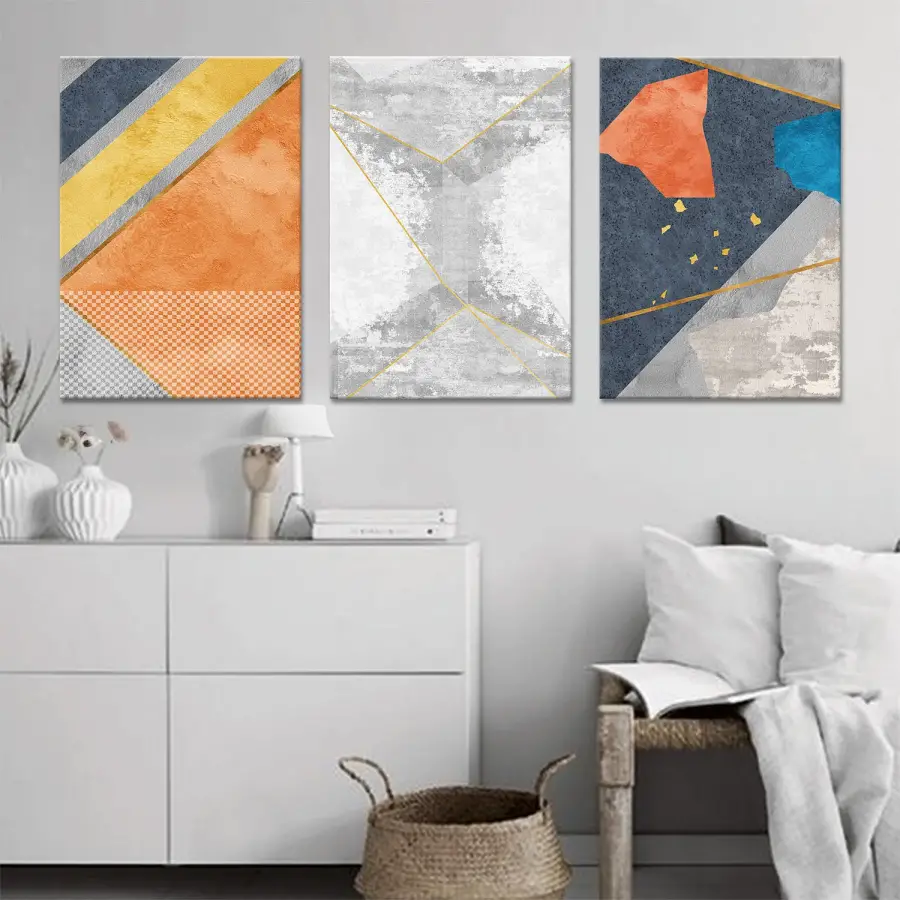 Turuncu ve Mavi Tonlar Üçlü Kanvas Tablo Seti