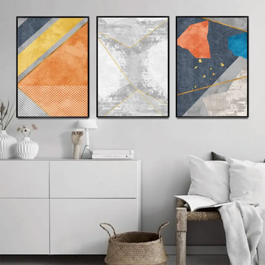 Turuncu ve Mavi Tonlar Üçlü Metal Çerçeveli Tablo Seti