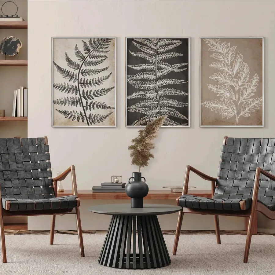 Vintage Siyah-Beyaz Yaprak Desenli Minimalist Gümüş Metal Çerçeveli Cam Tablo