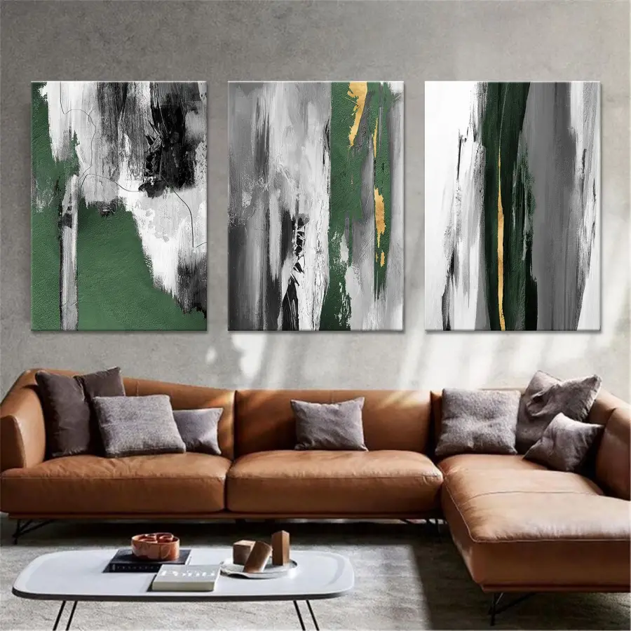 Yeşil Soyut Tasarım Üçlü Kanvas Tablo Seti