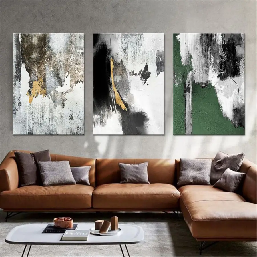 Yeşil ve Gri Tonlar Üçlü Kanvas Tablo Seti