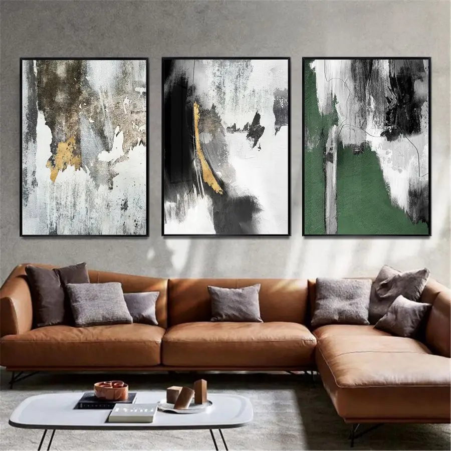 Yeşil ve Gri Tonlar Üçlü Metal Çerçeveli Tablo Seti