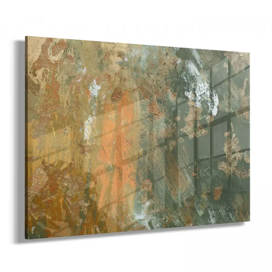 Yeşil ve Hardal Renk Tonları Tekli Yatay Cam Tablo