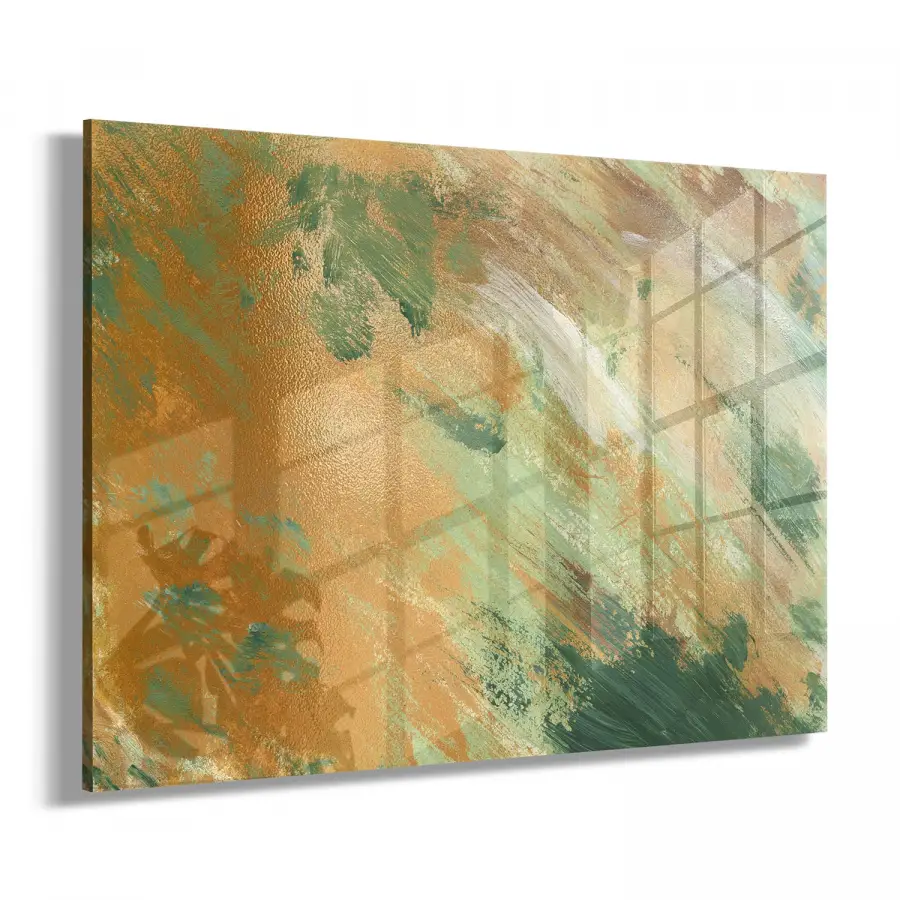 Yeşil ve Kahverengi Tonlar Tekli Yatay Cam Tablo