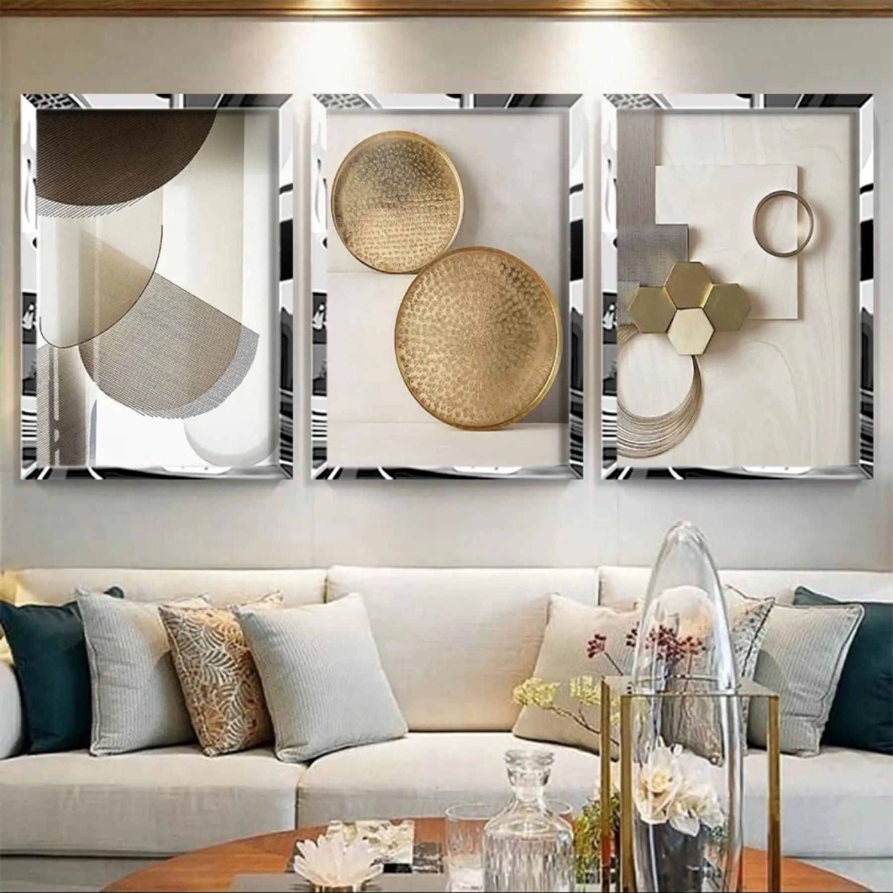 Gümüş Geometrik Soyut Aynalı Gold Pleksi Çerçeveli Tablo