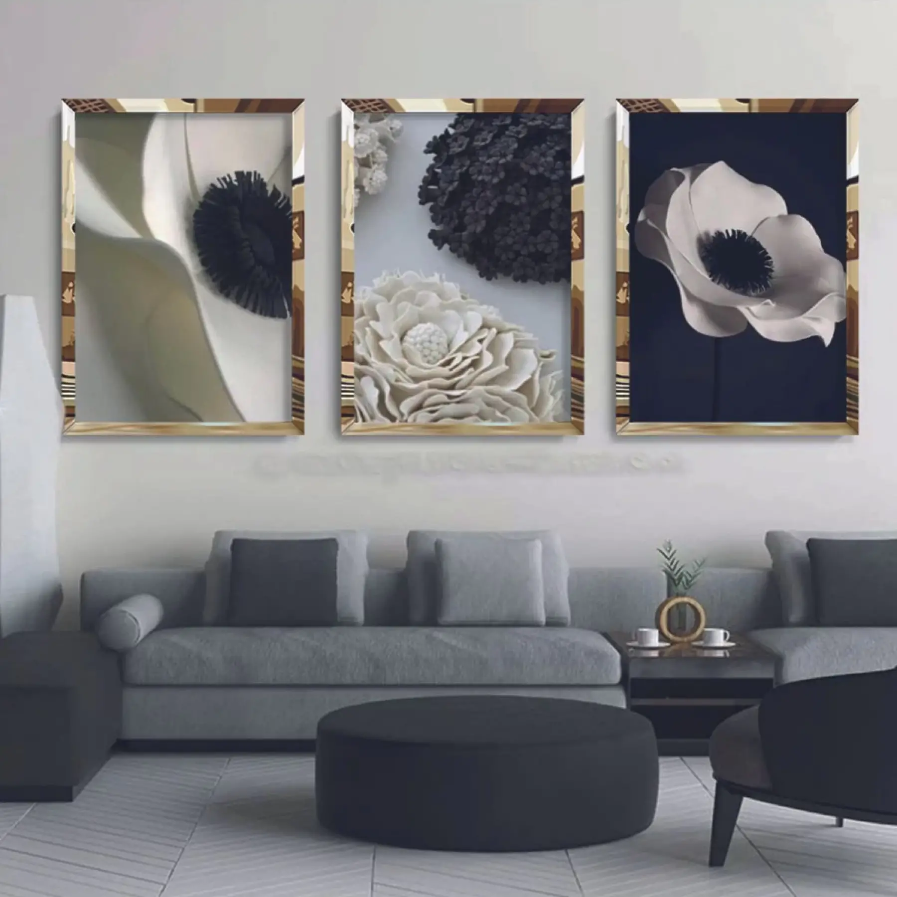 Beyaz Dekoratif Çiçekler Üç Parçalı Gold Pleksi Tablo Takımı