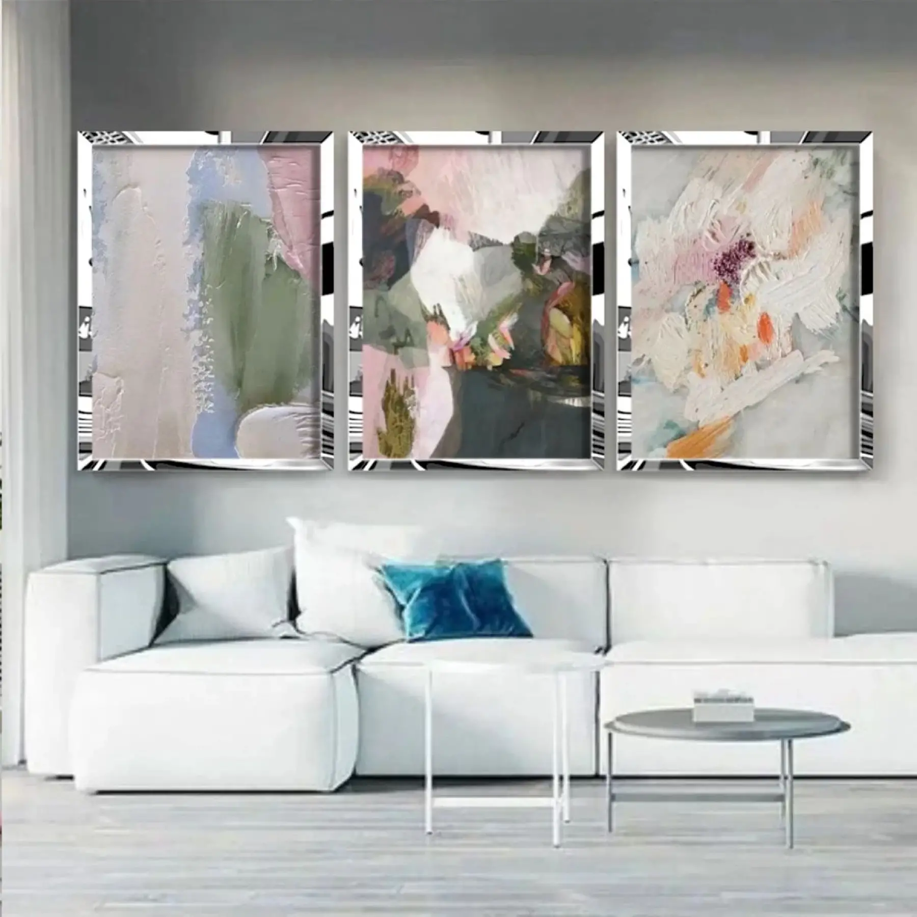 Soyut Renkli Detaylar Gümüş Pleksi 3lü Çerçeveli Tablo Seti