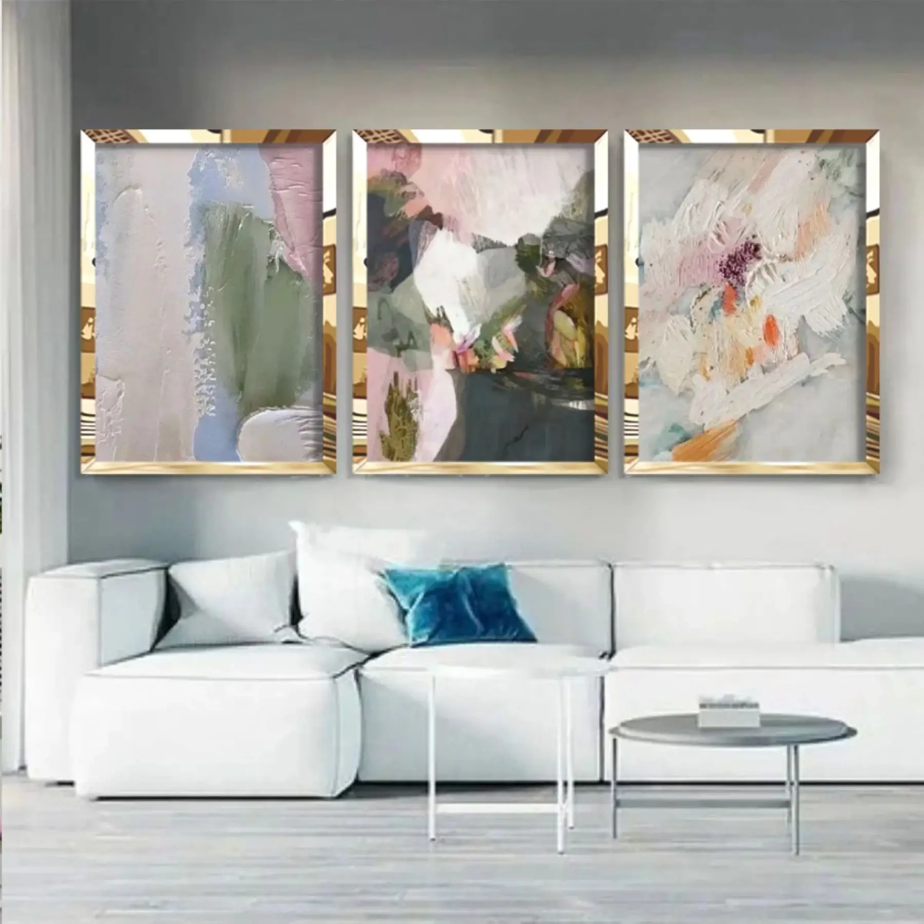 Soyut Renkli Detaylar Gold Pleksi 3lü Çerçeveli Tablo Seti
