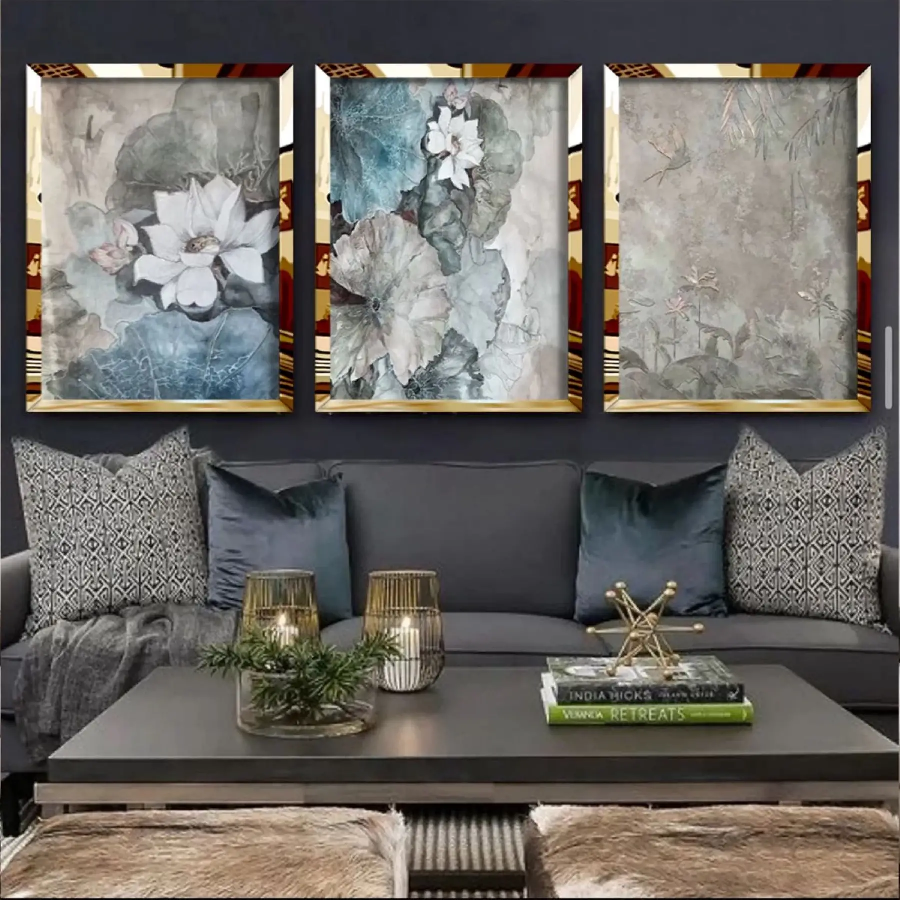 Yağlıboya Detaylı Çiçekler 3lü Gold Pleksi Tablo