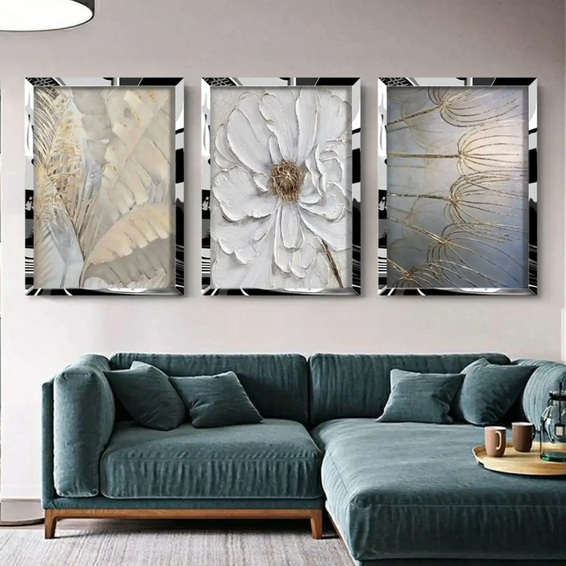 Çiçek Desenli 3lü Gümüş Pleksili Tablo Seti