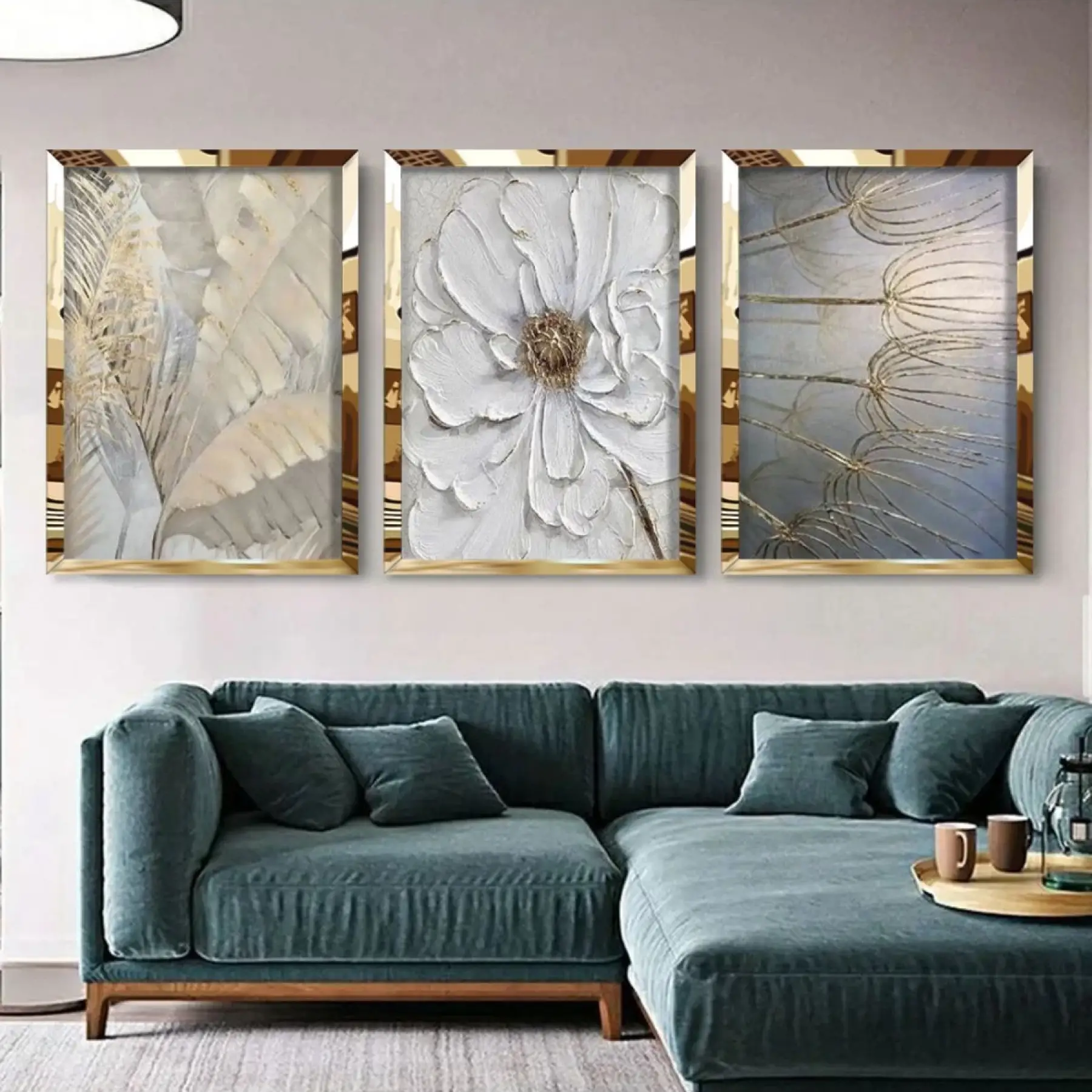 Çiçek Desenli 3lü Gold Pleksili Tablo Seti