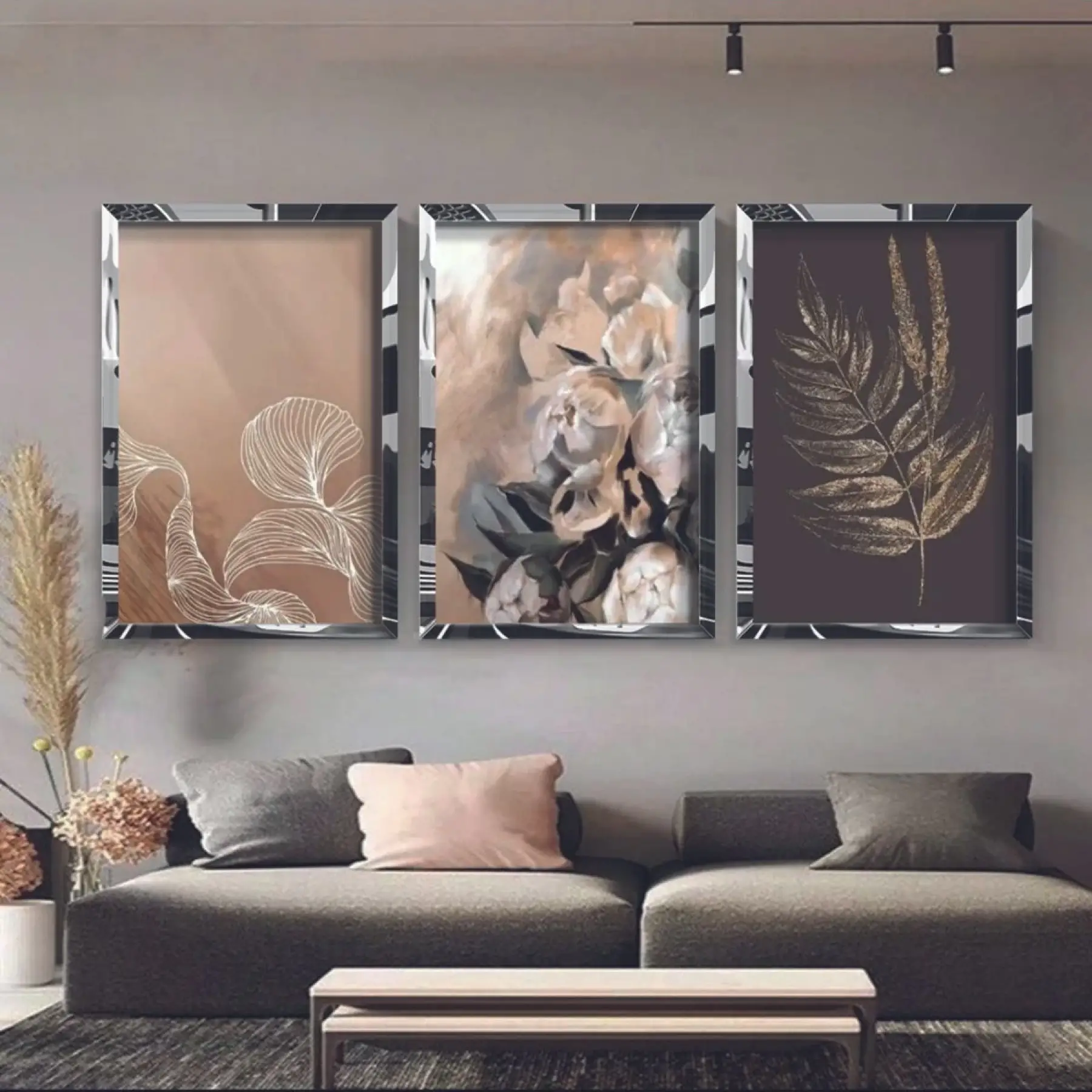 Gümüş Çiçekler Pleksi Dekoratif 3lü Tablo Seti