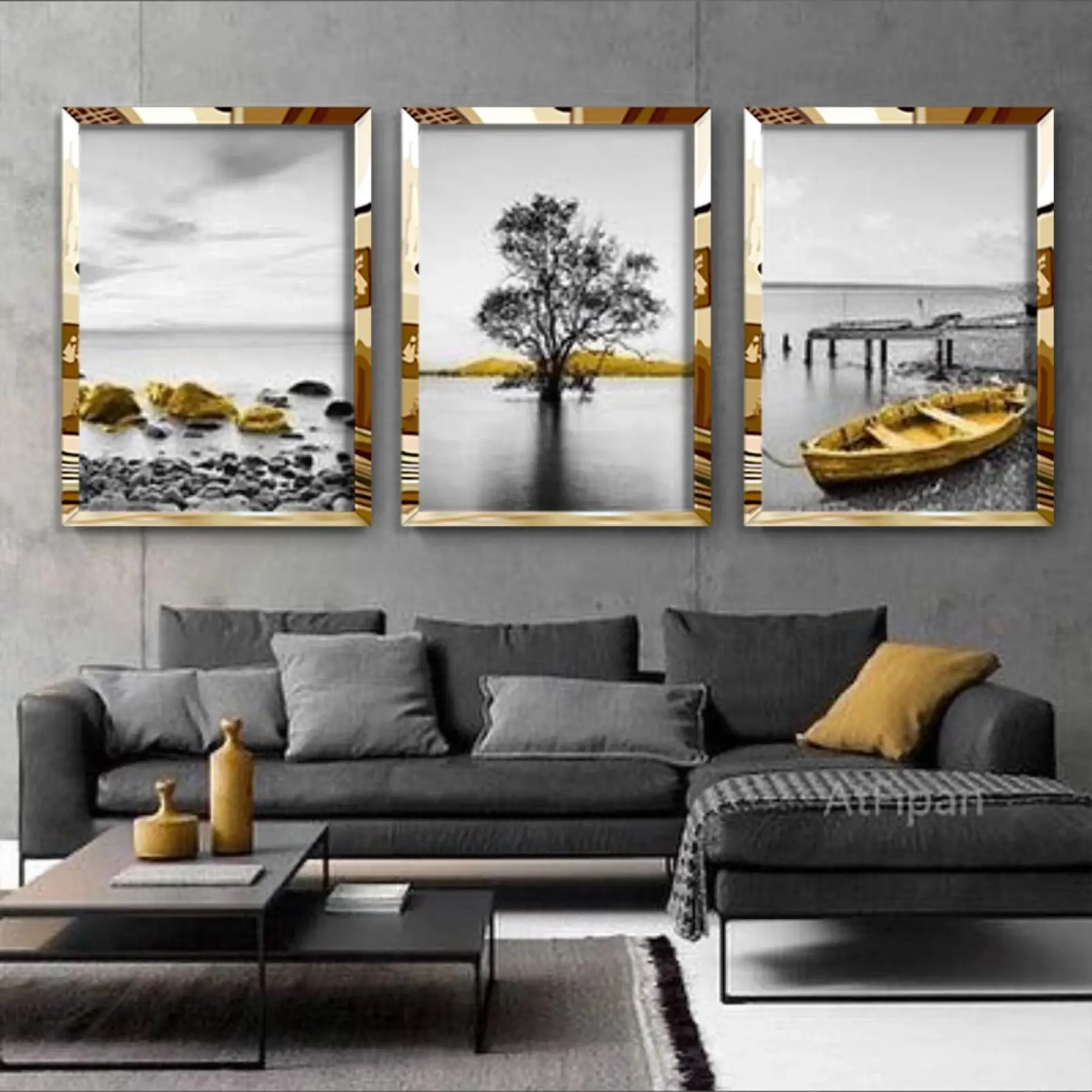 Gri Göl Manzarası ve Sarı Detaylar Gold Pleksi 3lü Çerçeveli Tablo Seti
