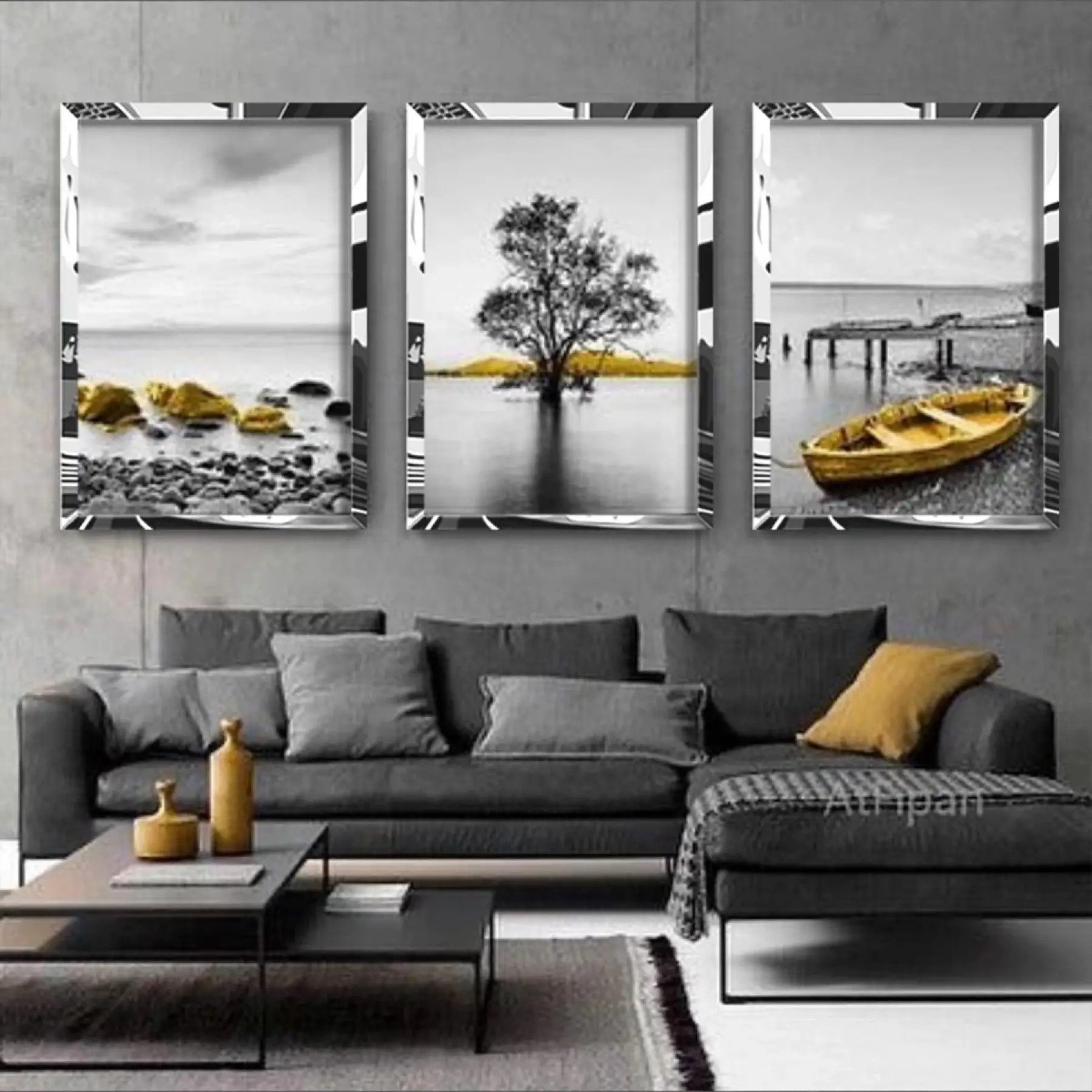 Gri Göl Manzarası ve Sarı Detaylar Gümüş Pleksi 3lü Çerçeveli Tablo Seti