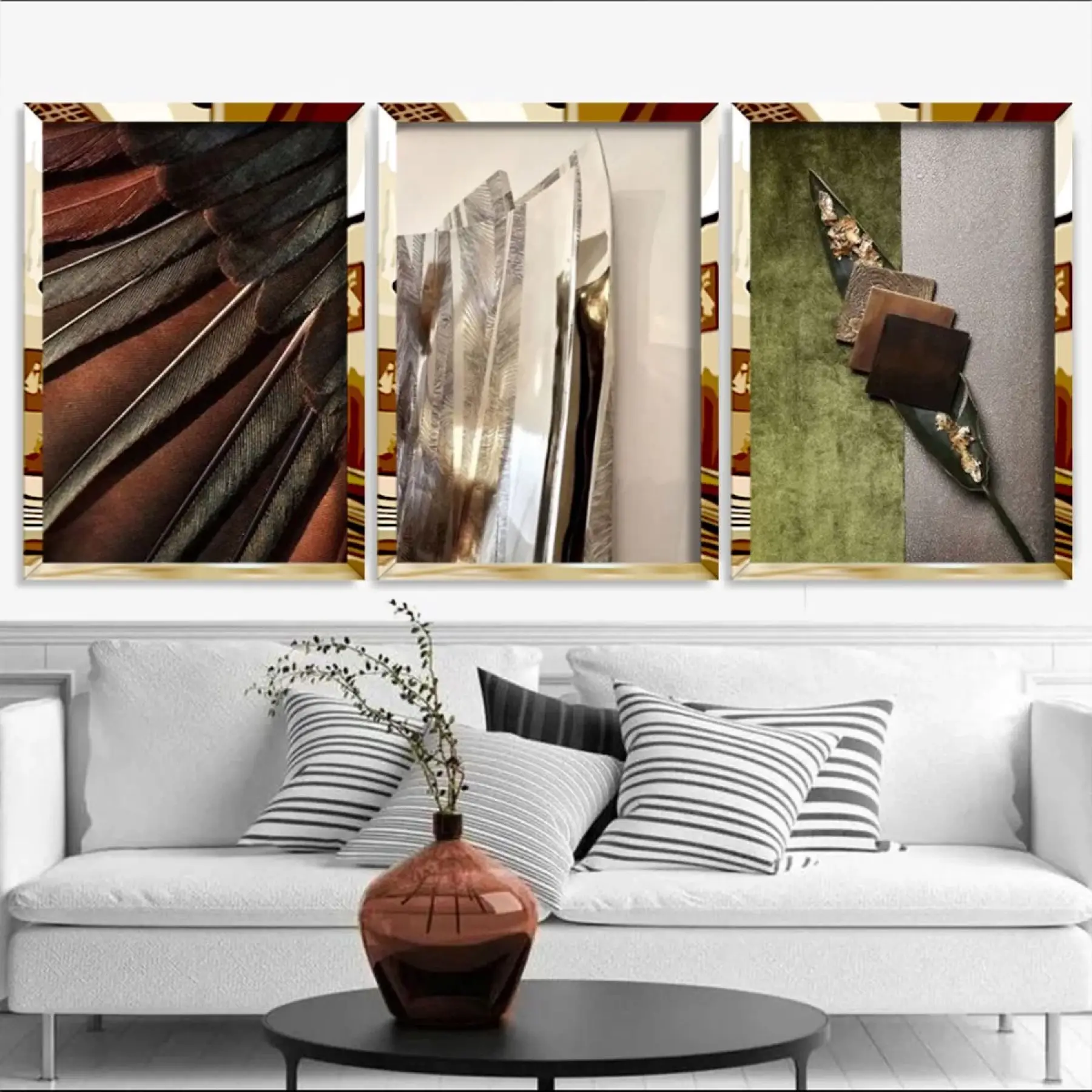 Dekoratif 3lü Kombin Aynalı Gold Pleksi Çerçeveli Tablo