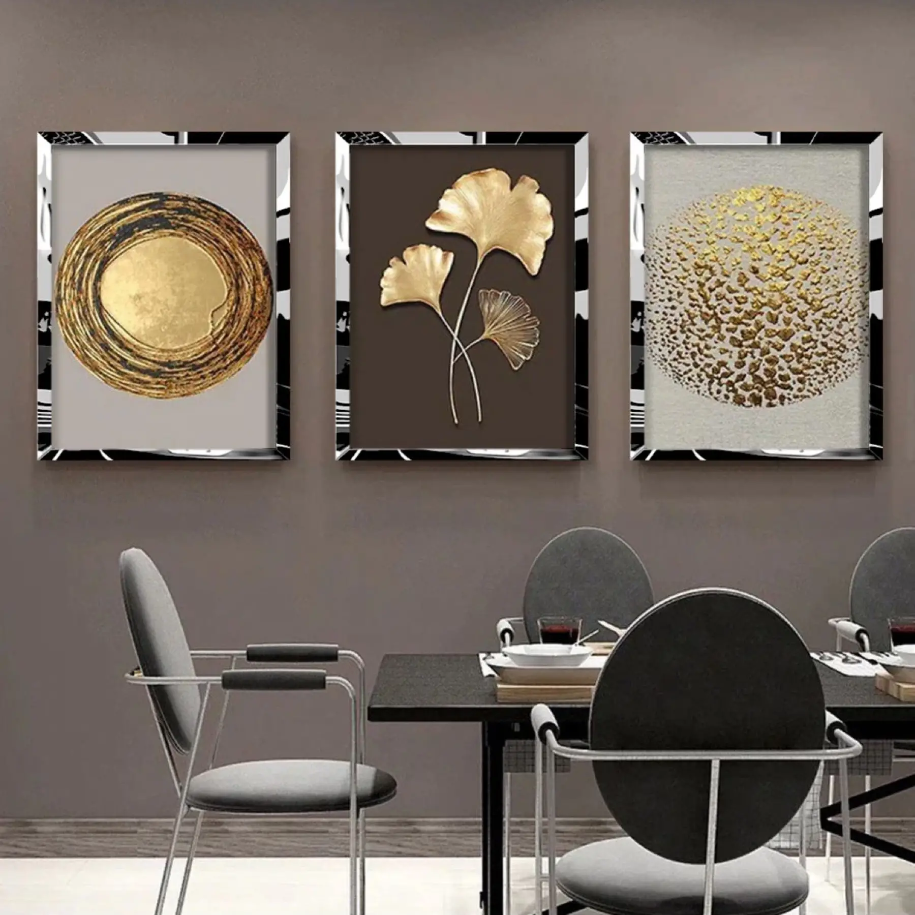 Soyut Modern Altın Yapraklar Gümüş Pleksi Çerçeveli Tablo