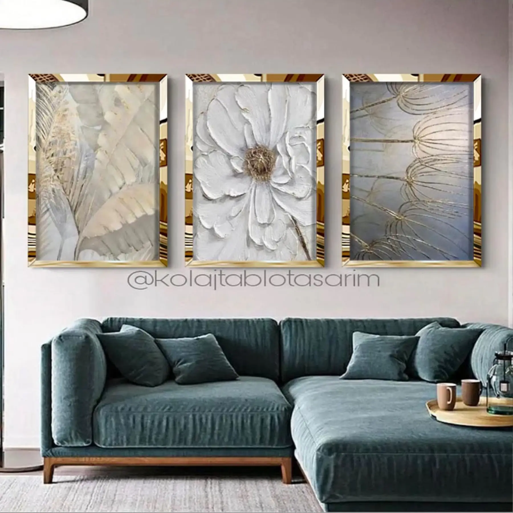 3lü Gold Pleksi Dekoratif Çiçekler Çerçeveli Tablo Seti