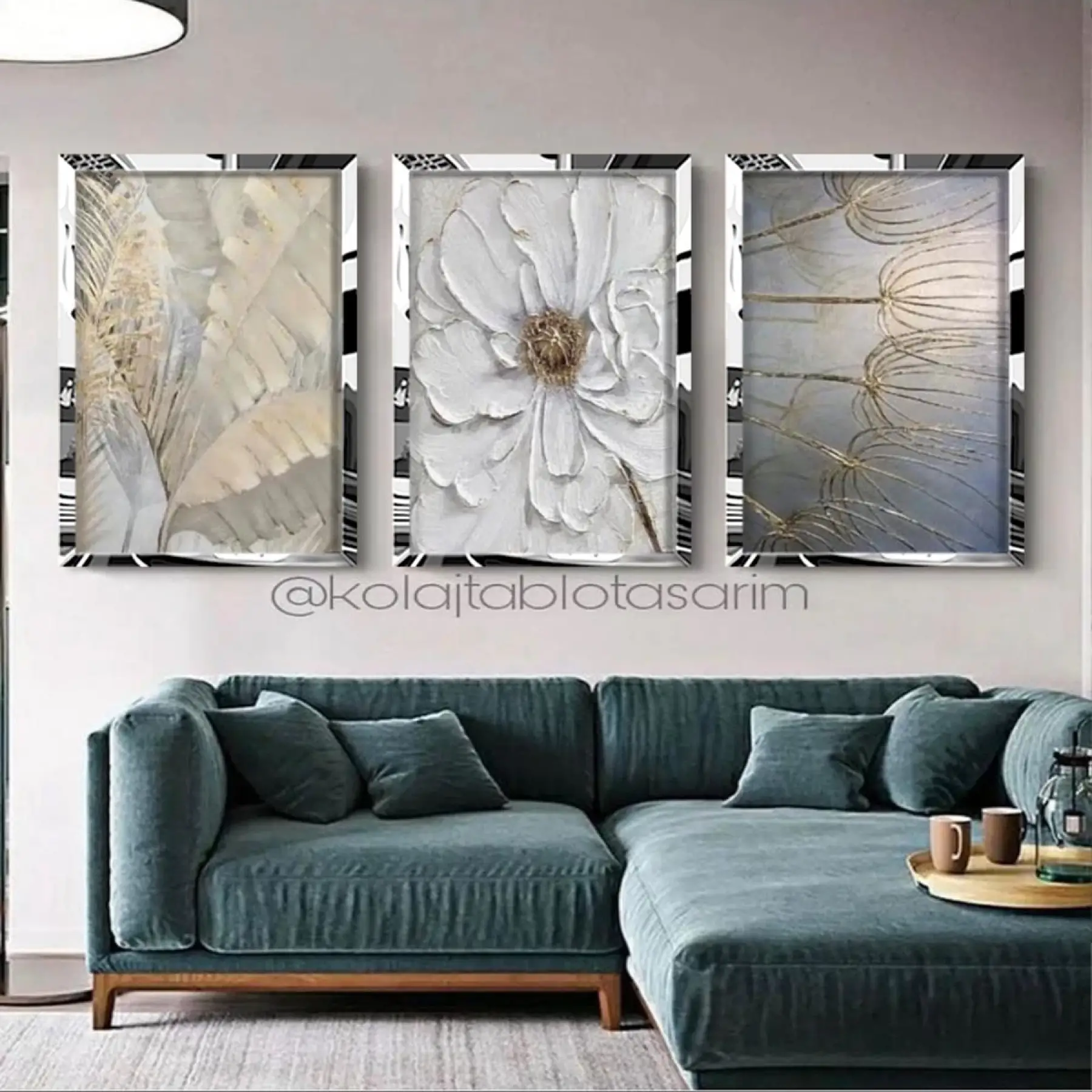 3lü Gümüş Pleksi Dekoratif Çiçekler Çerçeveli Tablo Seti
