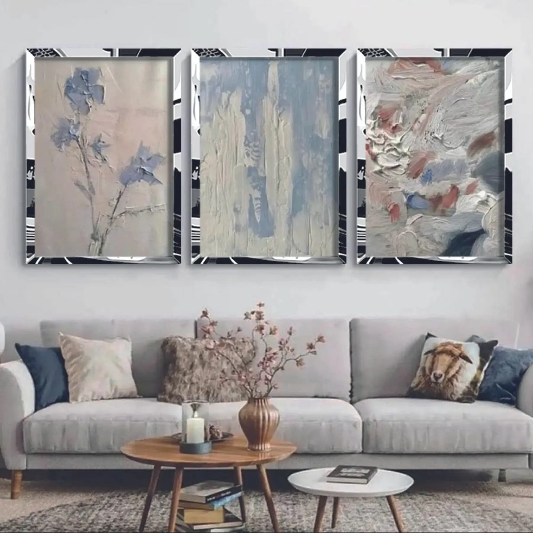 Yağlıboya Görünümlü Soyut Gümüş Pleksi 3lü Çerçeveli Tablo