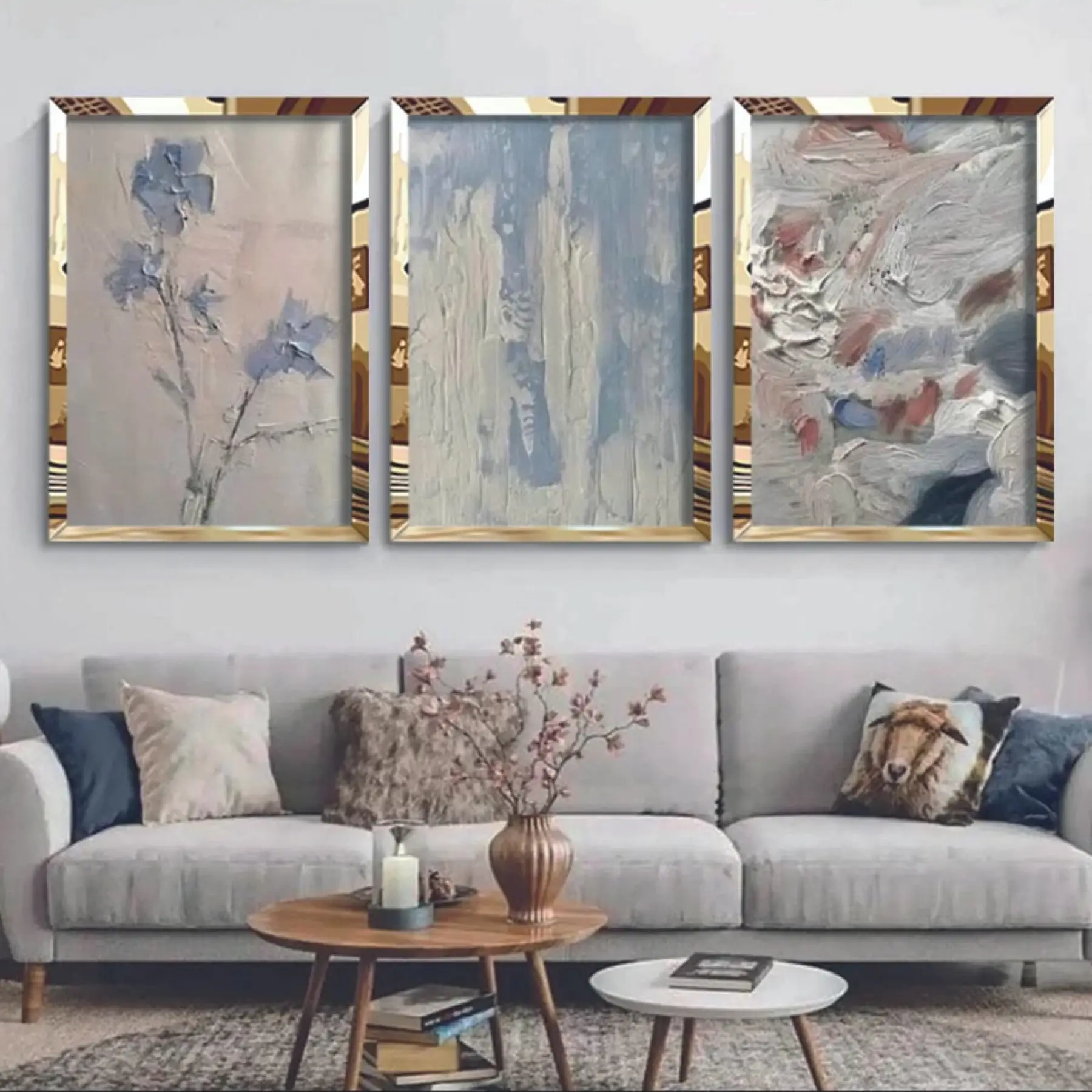 Yağlıboya Görünümlü Soyut Gold Pleksi 3lü Çerçeveli Tablo