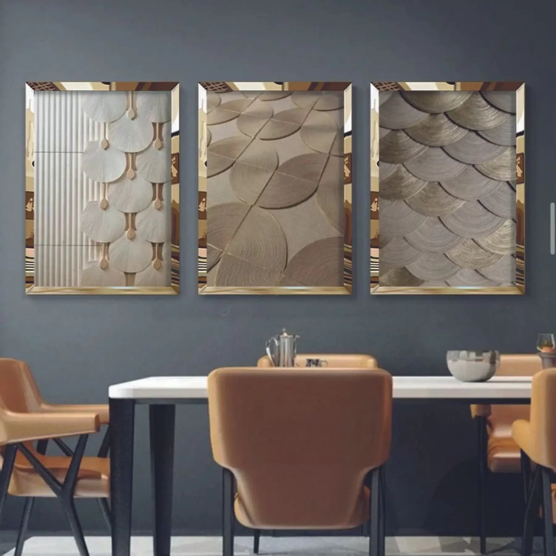 Altın Detaylar: Geometrik Şekiller ve Pullar Üçlü Gold Pleksi Tablo Seti