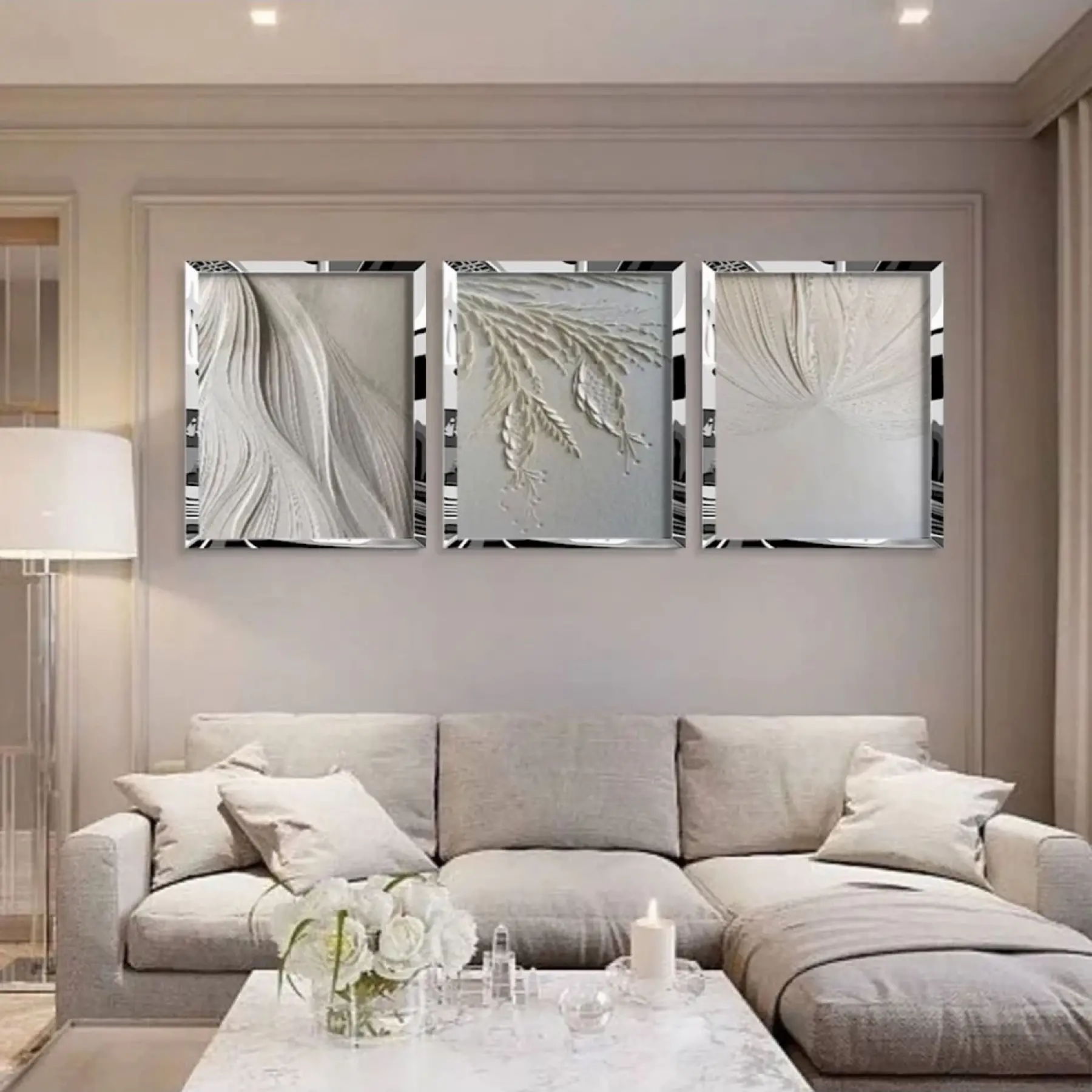 Modern Duvar Sanatı Gümüş Pleksi 3lü Çerçeveli Tablo Seti
