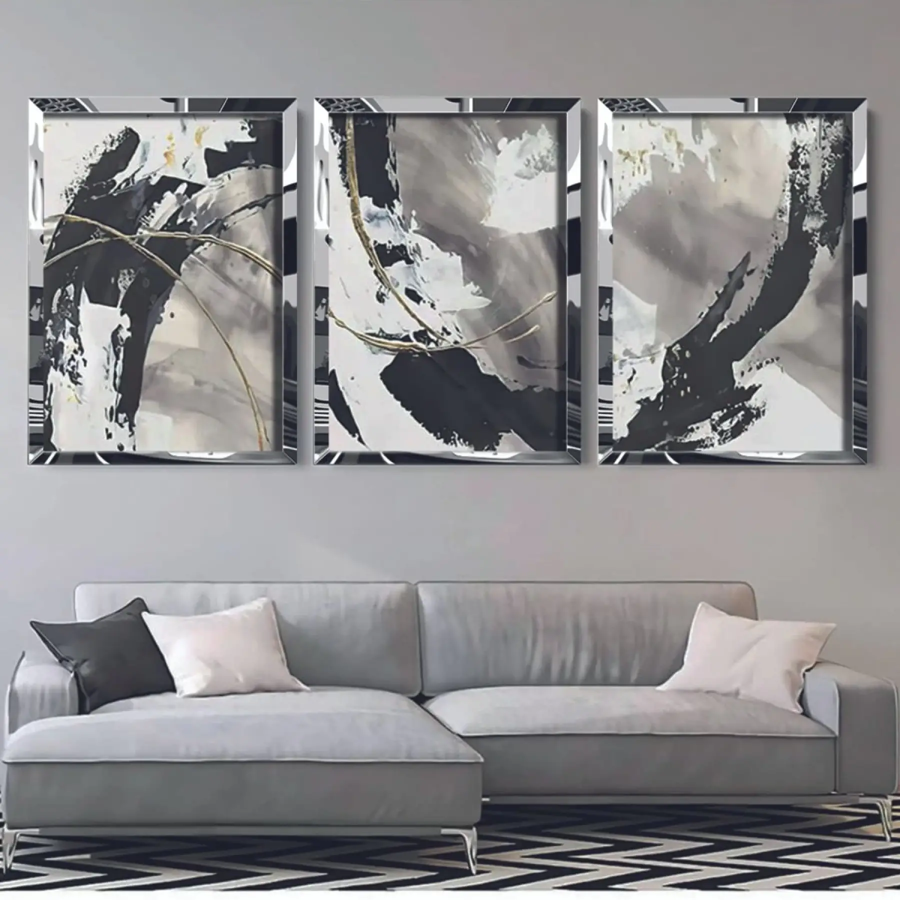 Ayna Çerçeveli Üçlü Gümüş Renkli Çerçeve Soyut Siyah Beyaz Tablo Seti