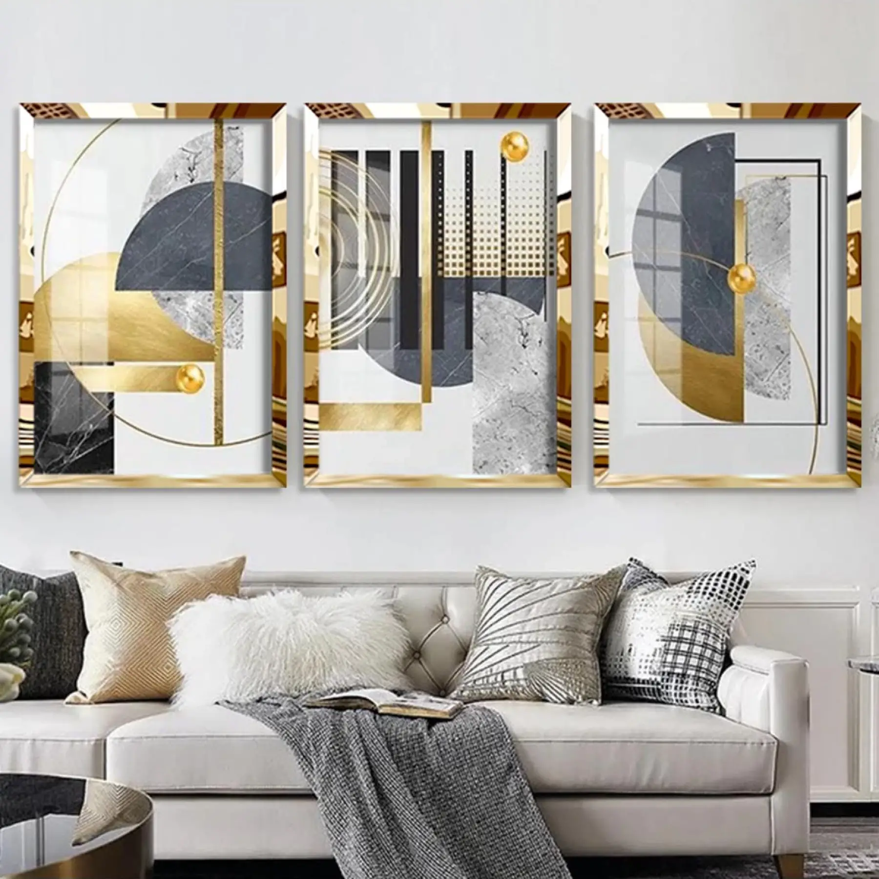 Modern Gold Pleksi Soyut Geometrik 3lü Çerçeveli Tablo Seti