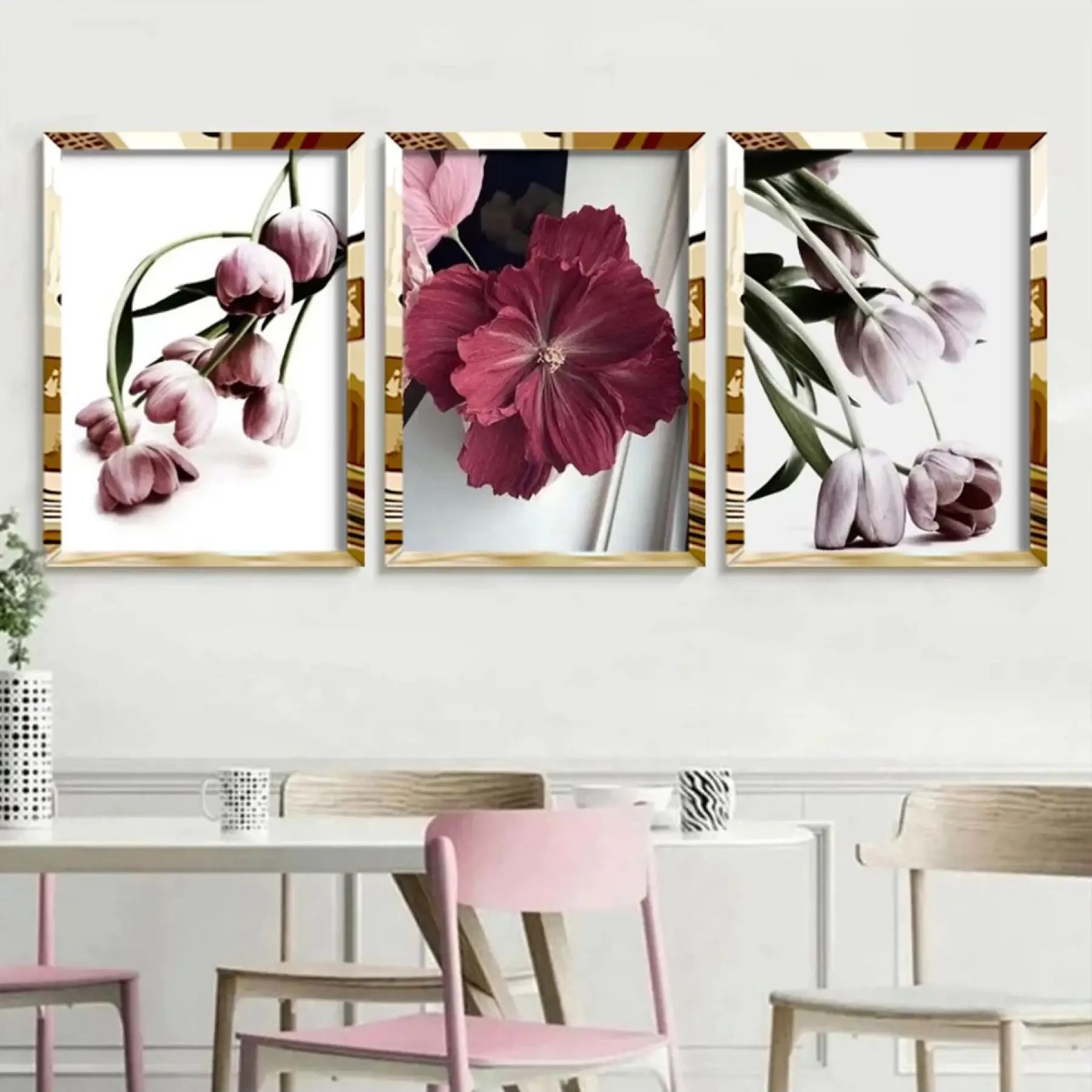 Kırmızı Japon Gülü ve Laleler Gold Pleksi 3lü Çerçeveli Tablo Seti