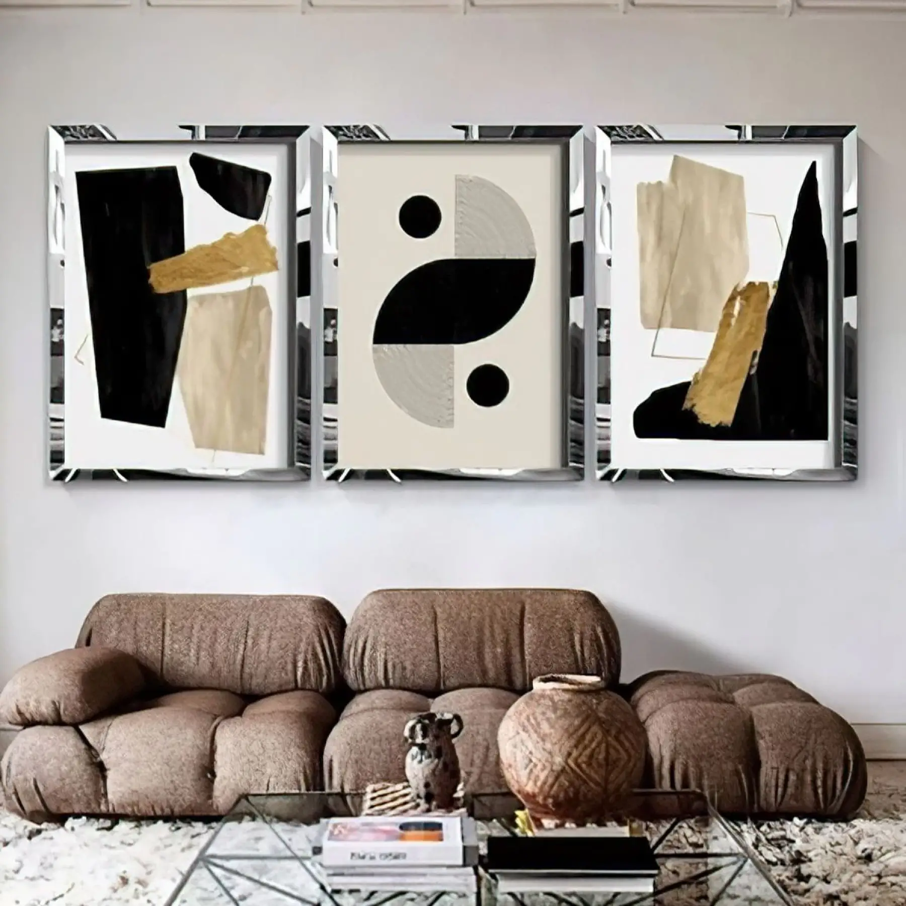 Soyut Temalı Geometrik Gümüş Pleksi 3lü Tablo