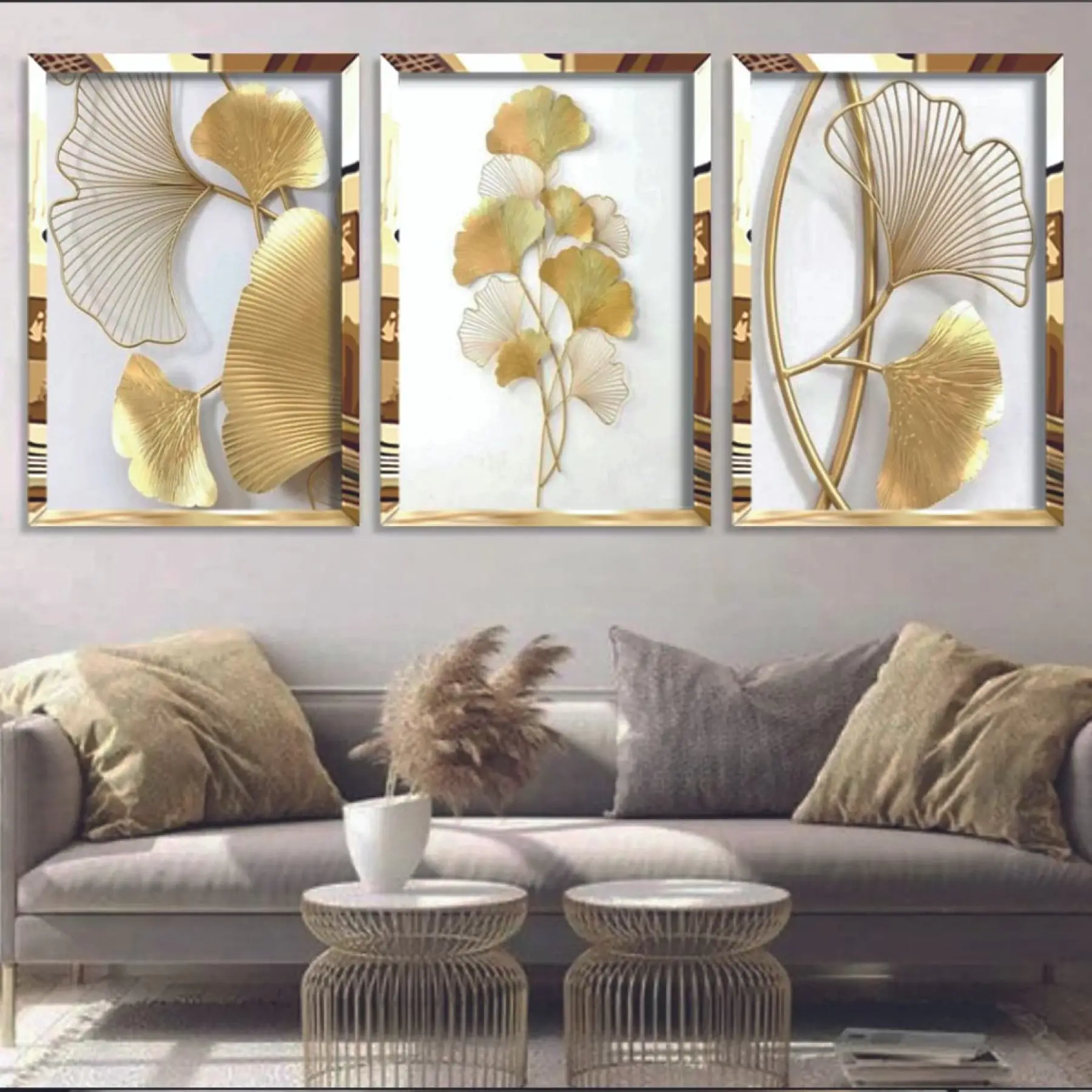 Altın Ginkgo Yaprakları Gold Pleksi 3lü Çerçeveli Tablo Seti