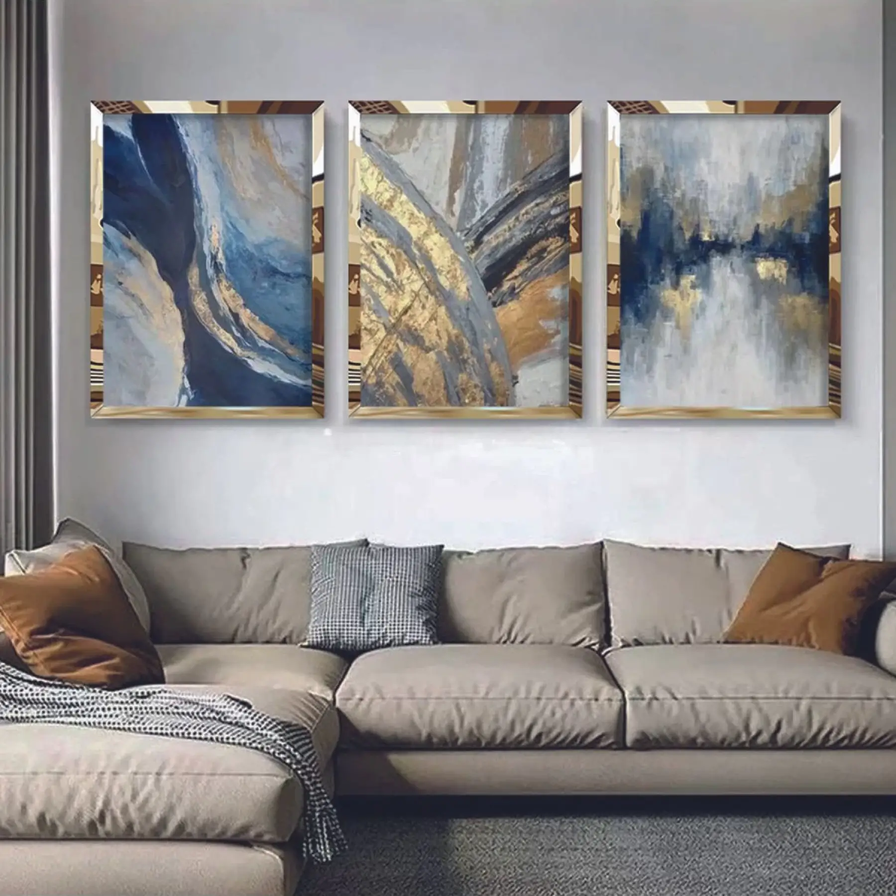 3lü Gold Pleksi Soyut Dekoratif Tablo Seti