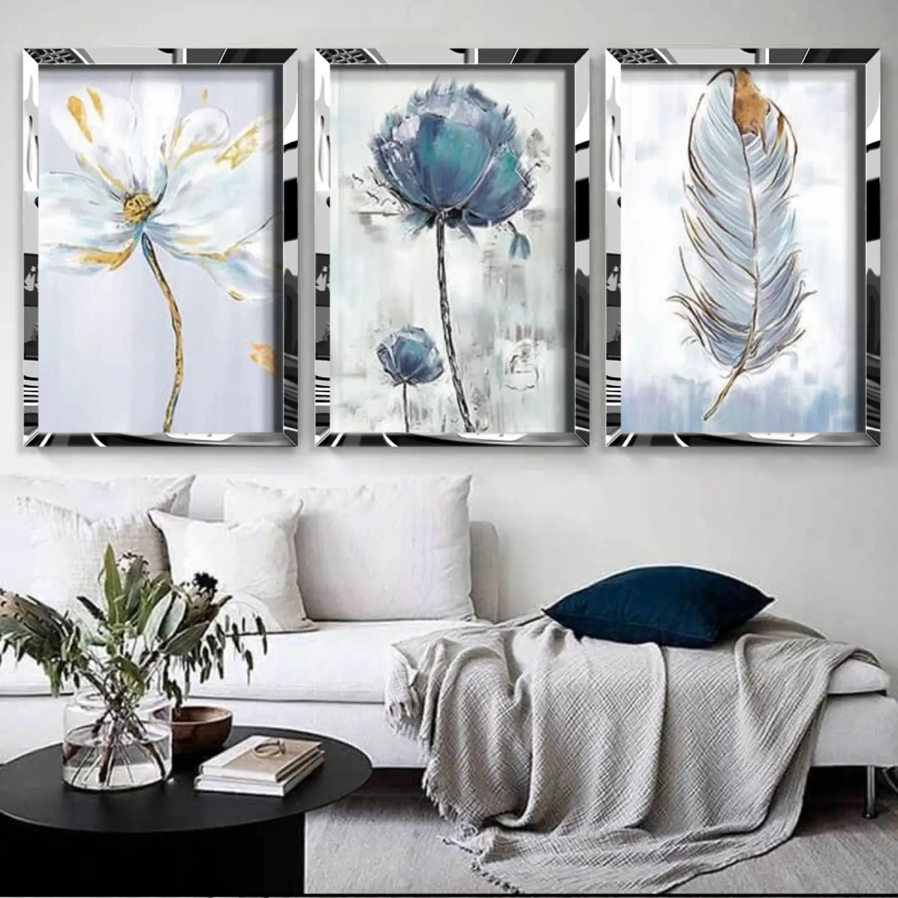 Yağlı Boya Esintileri: Çiçekler ve Kuş Tüyü Üçlü Gold Pleksi Tablo Seti