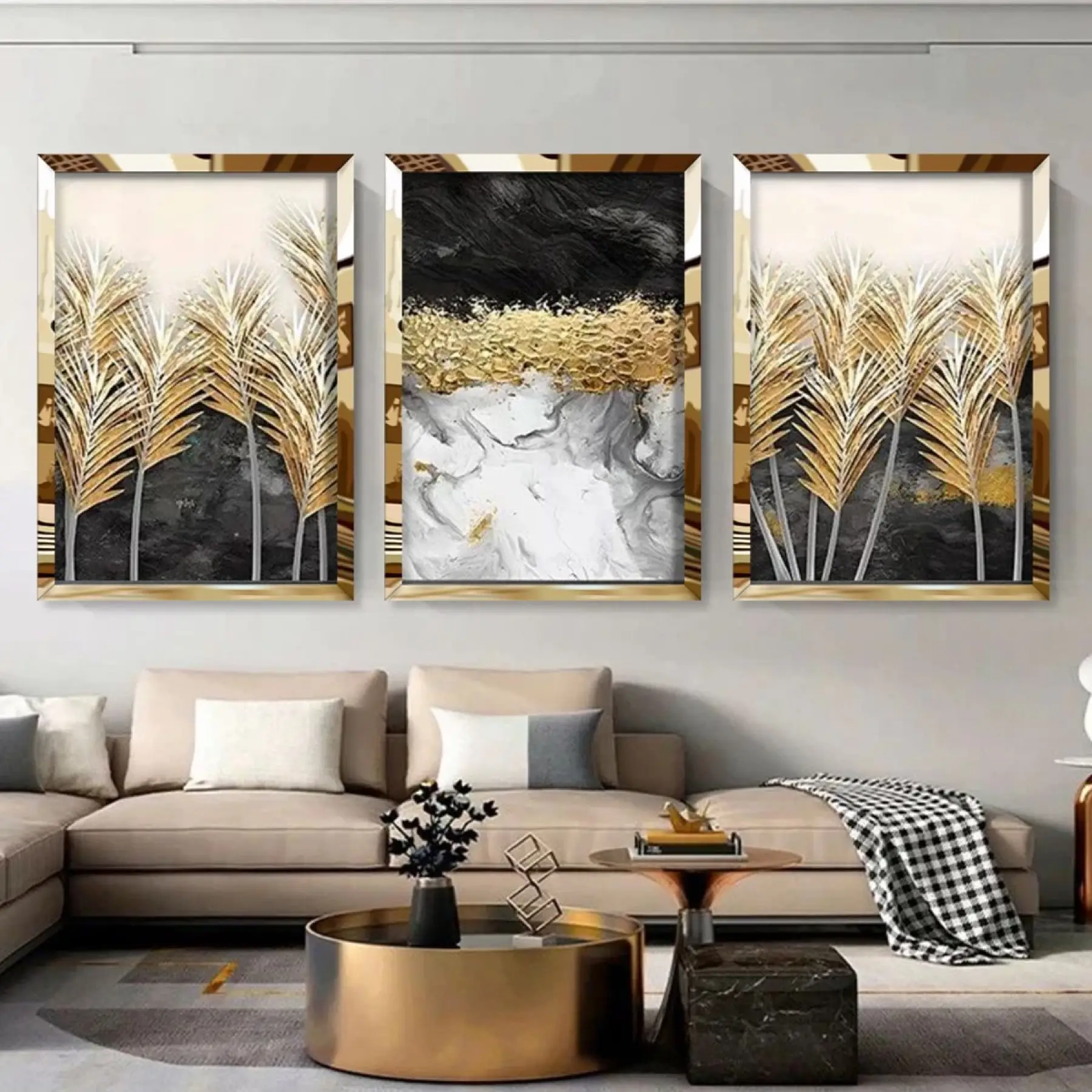 Altın Desen 3lü Gold Pleksili Çerçeveli Tablo Seti