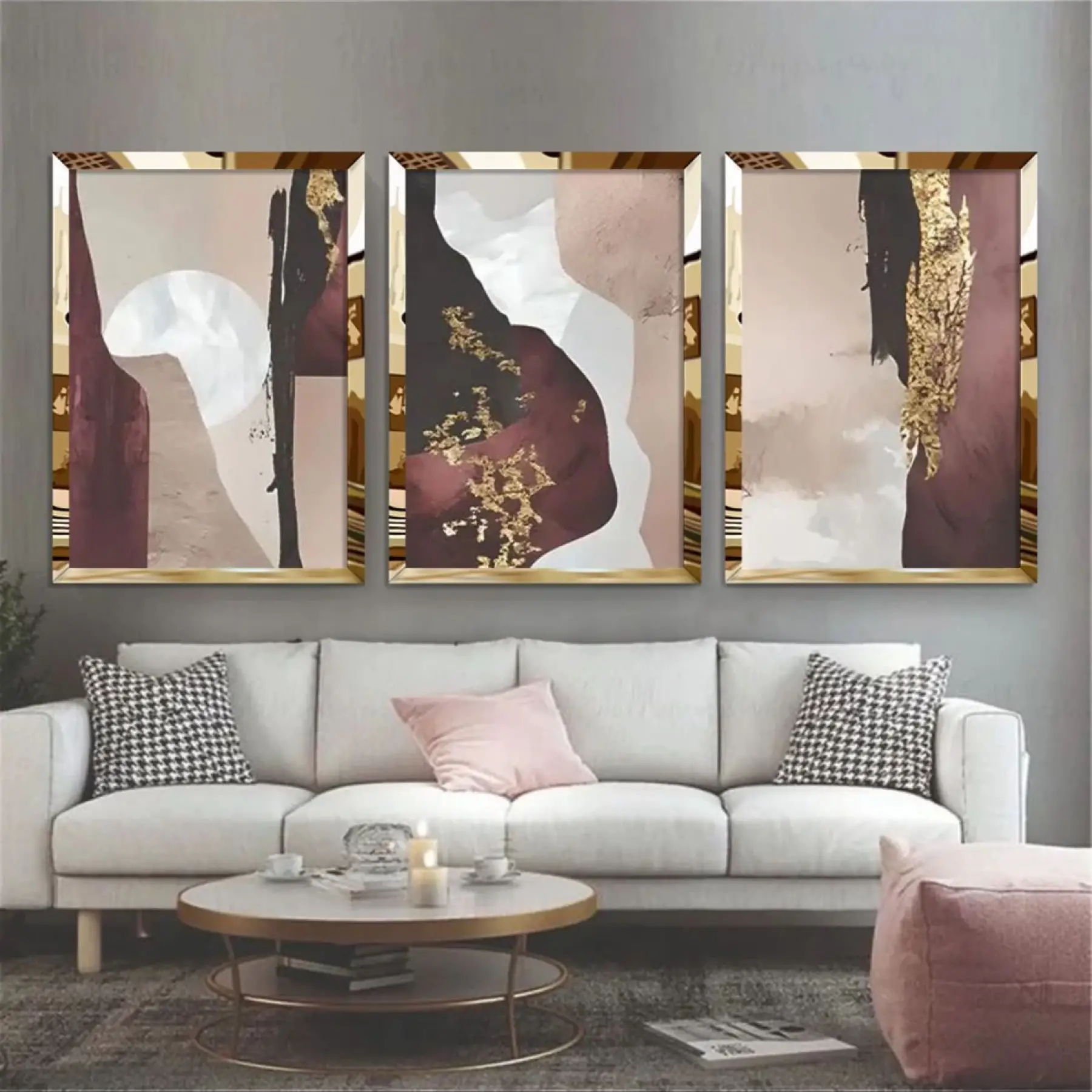 Modern Minimalist Soyut Renkler Gold Pleksili Çerçeveli Tablo Seti