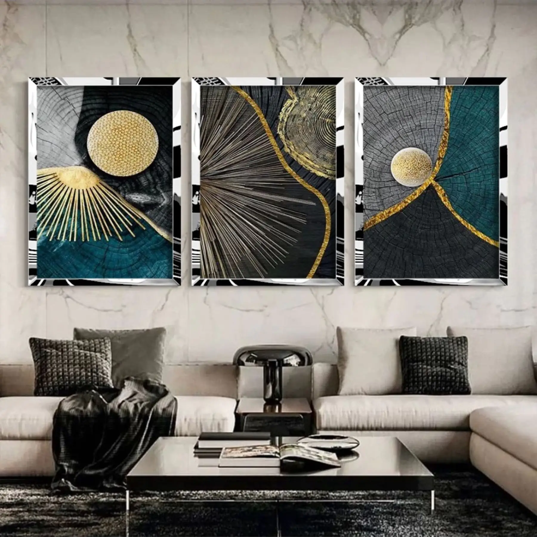 Soyut Ağaç Kütükleri Gümüş Pleksi 3lü Çerçeveli Tablo Seti