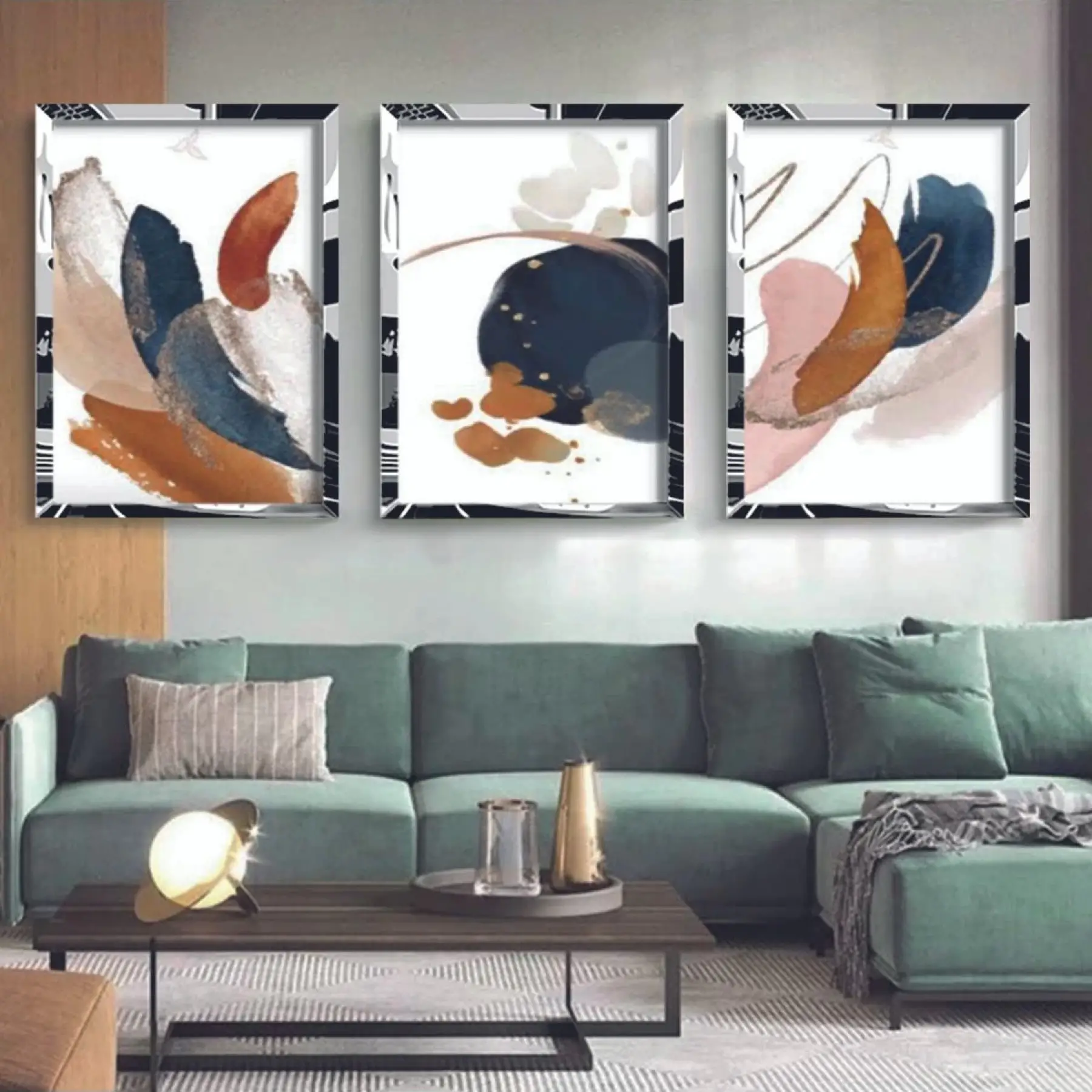 Soyut Pastel Sulu Boya Konsept Gümüş Ayna Çerçeveli Tablo Takımı